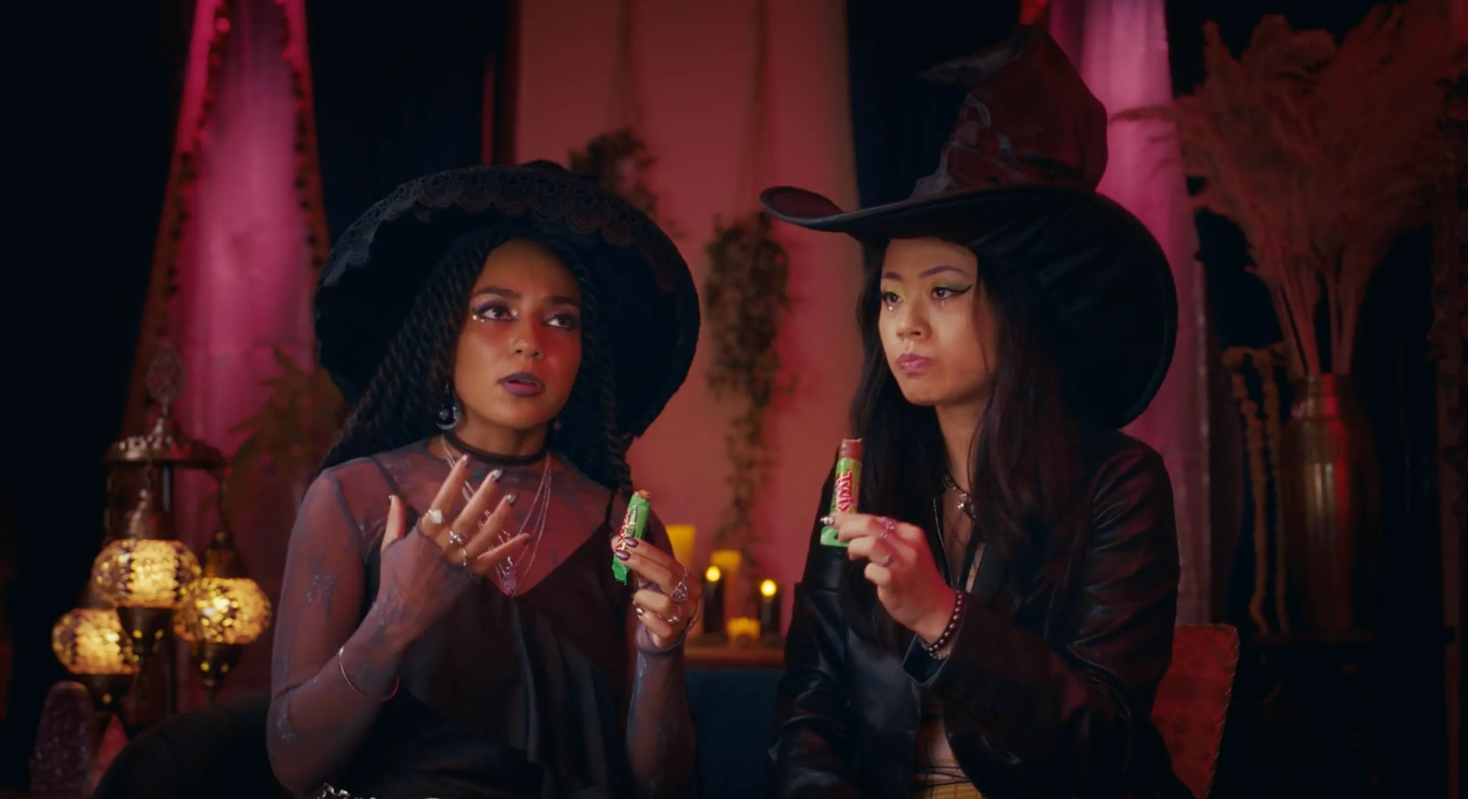 Witches confront Frankenstein in a Halloween ad for Twix